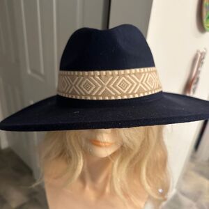 Boho Aztec Pattern wide brim Fedora Hat navy